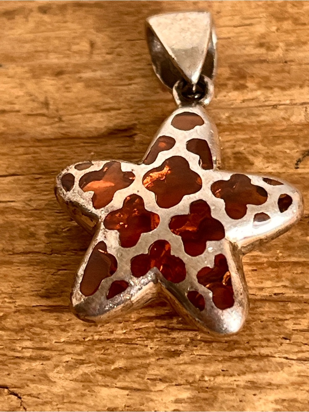 Alan K 925 Sterling Silver Starfish Pendant Cognac Orange Openwork Signed 1.5”